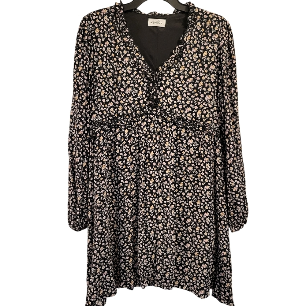 Emily Wonder Black Ditsy Floral Print Long Sleeve Boho Dress